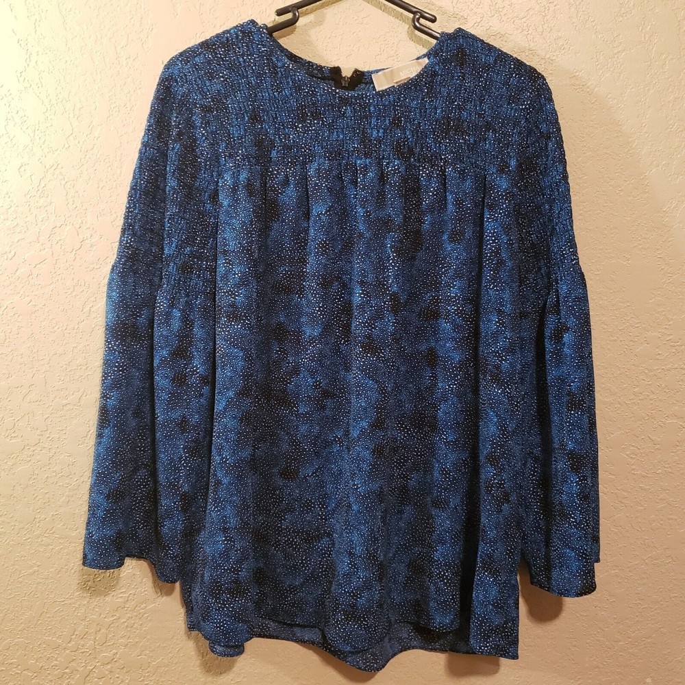 Michael Kors Women's Blue Smocked Peasant Long Sleeve Blouse Size Medium